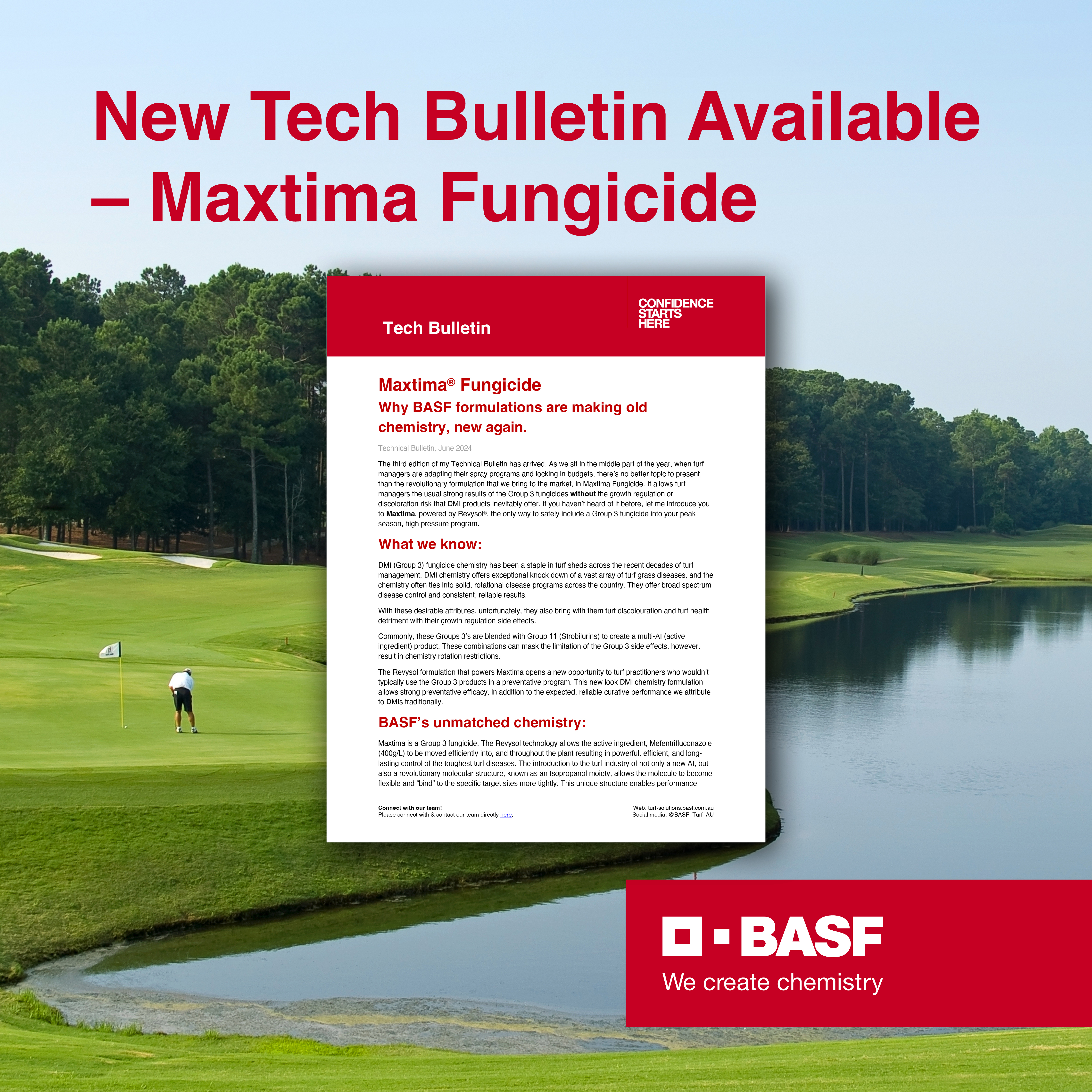maxtima tech bulletin over a golf course with a dam