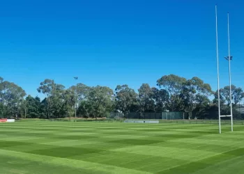 A rugby pitch with green grass, trees in the background and blue skies